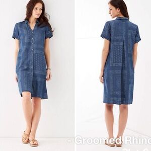 J. Jill Tencel Chambray Indigo Print Short Sleeve Shirt Dress Size S